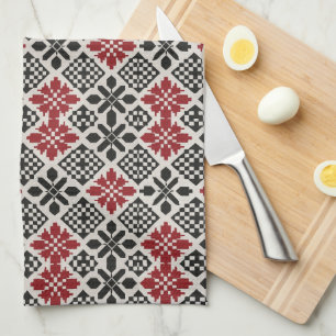 Red Black White Geometric Folk Pattern Kitchen Towel