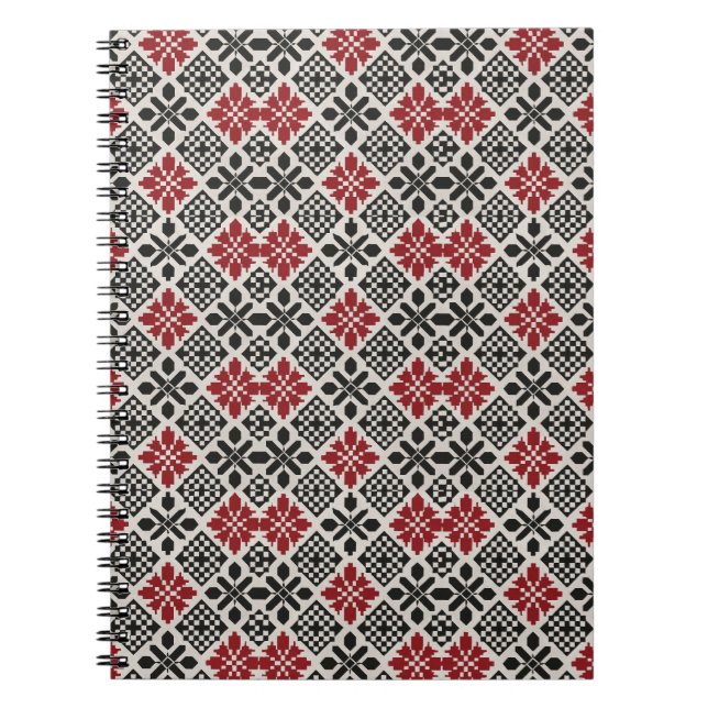 Red Black White Geometric Folk Pattern Notebook (Front)