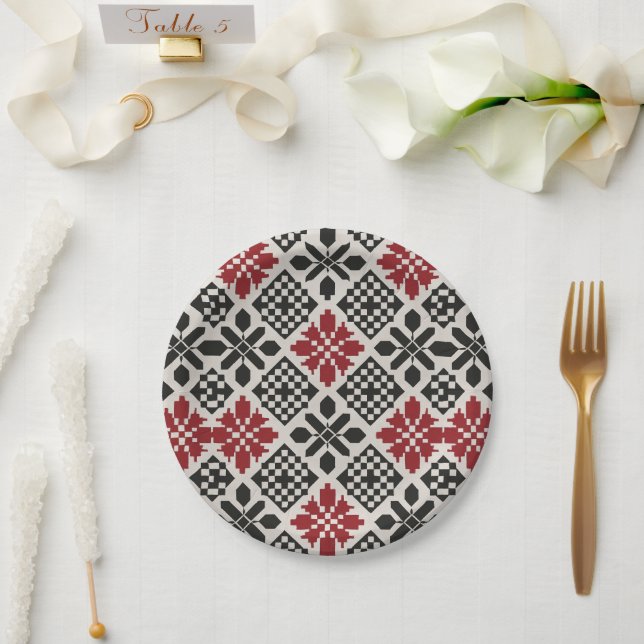 Red Black White Geometric Folk Pattern Paper Plate (Wedding)
