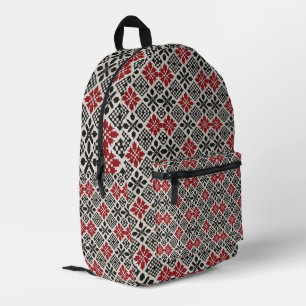 Red Black White Geometric Folk Pattern Printed Backpack