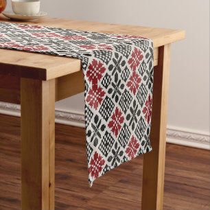 Red Black White Geometric Folk Pattern Short Table Runner
