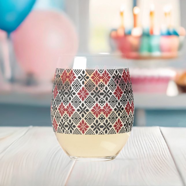 Red Black White Geometric Folk Pattern Stemless Wine Glass (Insitu (Baby Shower))
