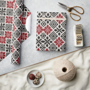 Red Black White Geometric Folk Pattern Wrapping Paper