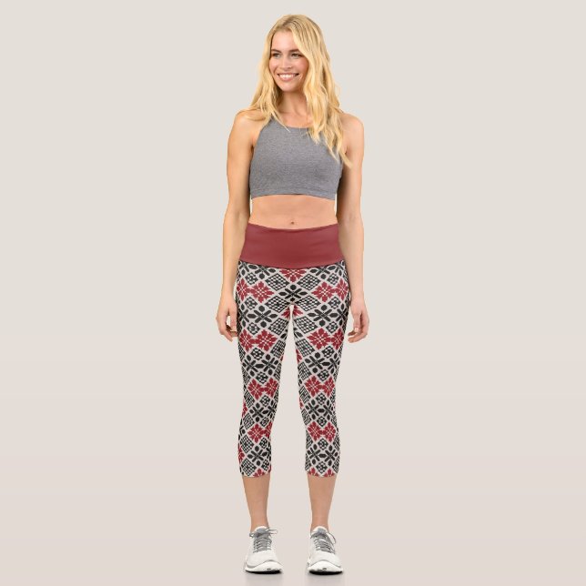Red Black White Geometric Keffiyeh Folk Pattern Capri Leggings (Front)