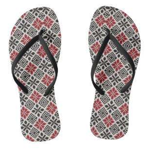 Red Black White Geometric Keffiyeh Folk Pattern Flip Flops