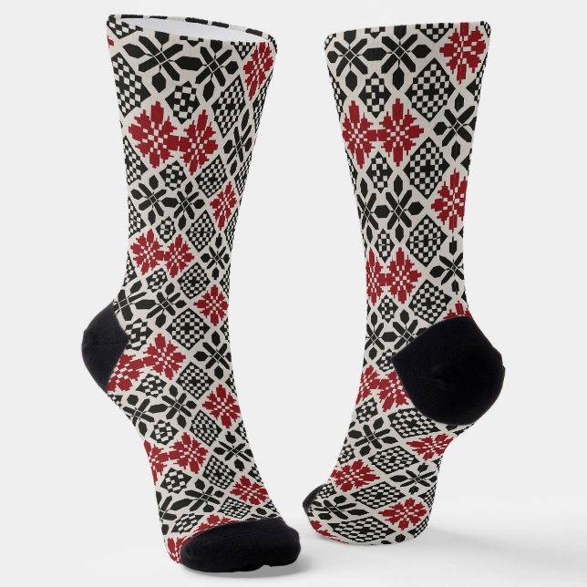 Red Black White Geometric Keffiyeh Folk Pattern Socks (Angled)