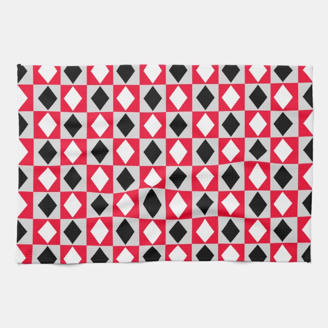 Red Black White Geometric Rhombus Diamond Kitchen Towel (Horizontal)