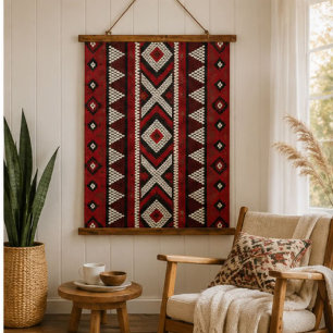 Red Black White Geometric Tribal Aztec Hanging Tapestry