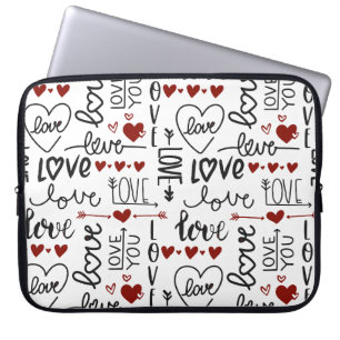 RED BLACK WHITE HAND DRAWN LOVE & HEARTS LAPTOP SLEEVE