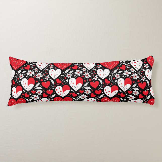 Red, Black & White Hearts and Flowers Body Pillow (Front)