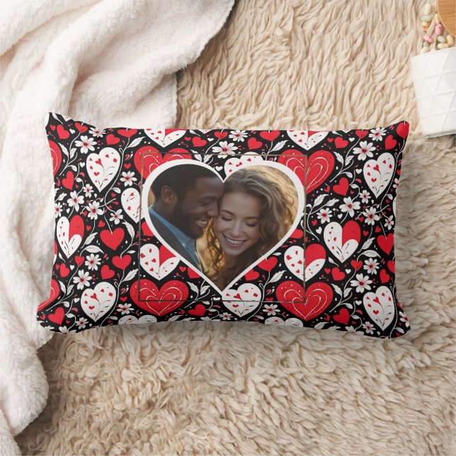 Red, Black & White Hearts and Flowers Personalized Lumbar Pillow (Blanket)