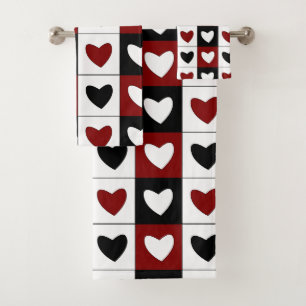 Red Black White Hearts Pattern Valentines Day Bath Towel Set