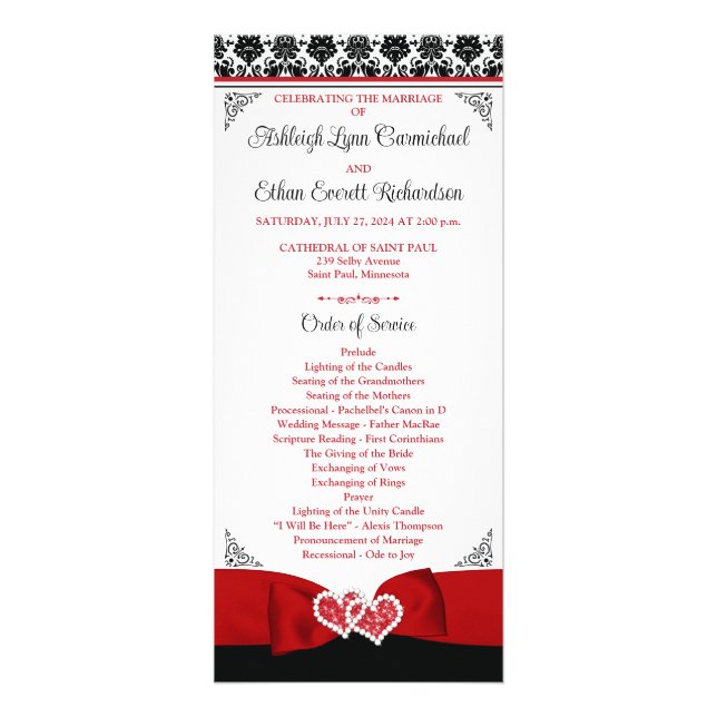 Red, Black, White Love Hearts Programme de mariage (Devant)