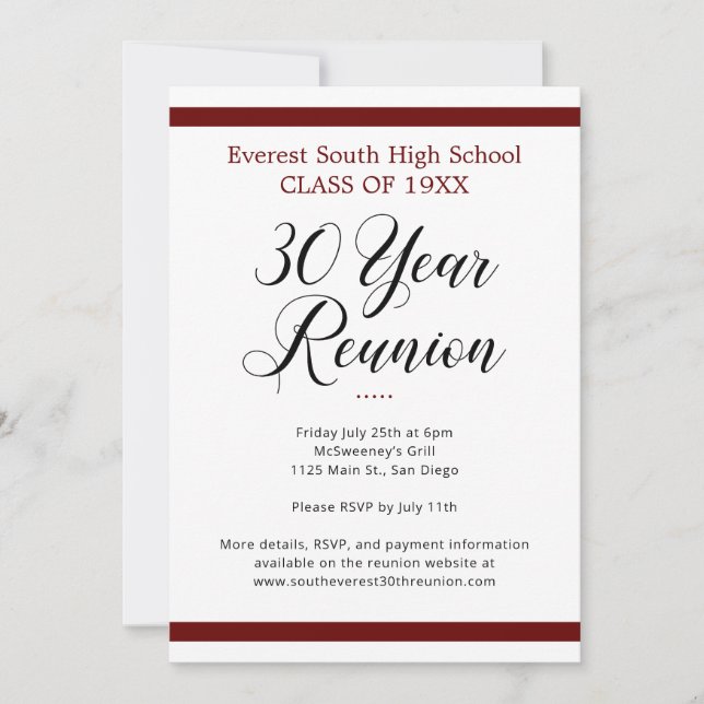 Red Black White Minimalist 30 Year Class Reunion Invitation (Front)