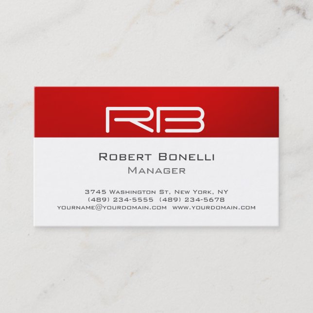 Red Black White Monogram Manager Business Card (Front)