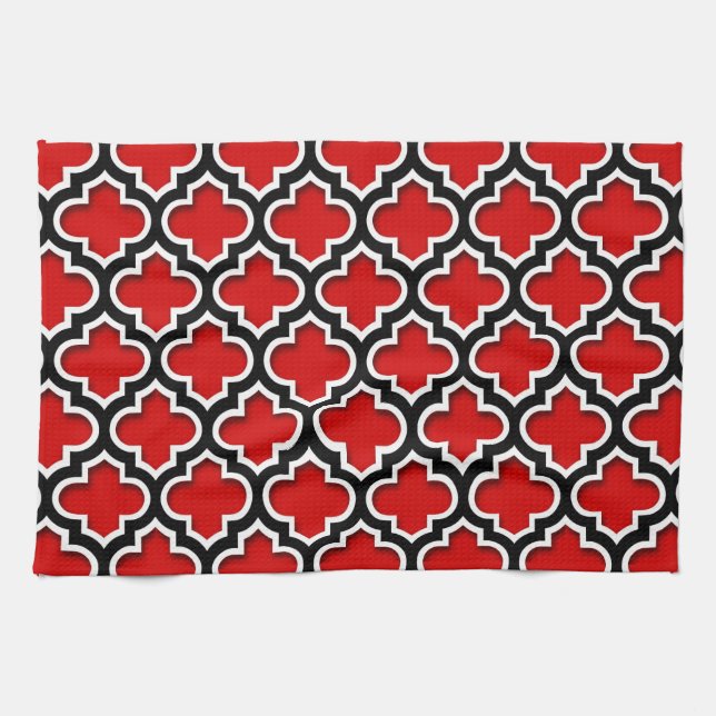 Red Black White Moroccan Quatrefoil Pattern #5DS Kitchen Towel (Horizontal)