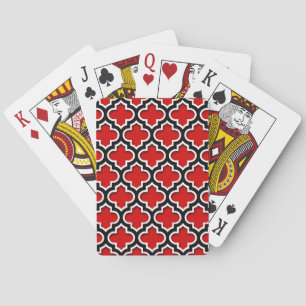 Red Black White Moroccan Quatrefoil Pattern #5DS Playing Cards
