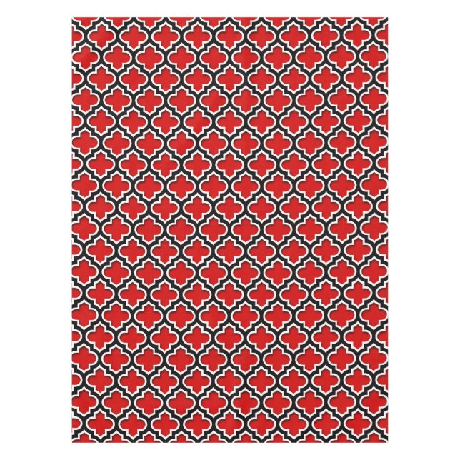 Red Black White Moroccan Quatrefoil Pattern #5DS Tablecloth (Front)