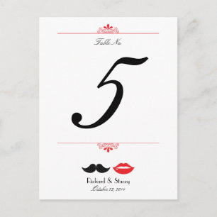 Red, Black & White Moustache & Lips Damask Wedding Postcard