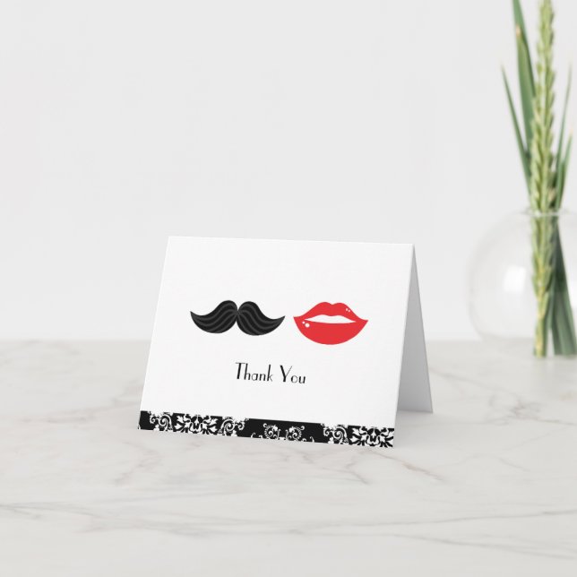 Red, Black & White Moustache & Lips Damask Wedding Thank You Card (Front)