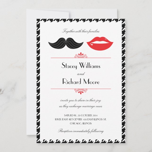 Red, Black & White Moustache & Lips Houndstooth We Invitation (Front)