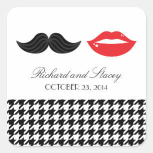 Red, Black & White Moustache & Lips Houndstooth We Square Sticker