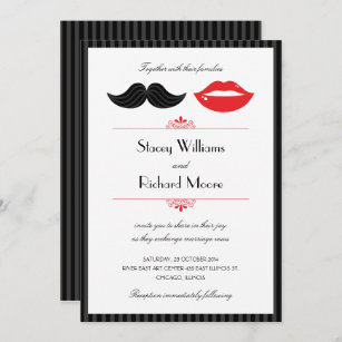 Red, Black & White Moustache & Lips Wedding Invitation
