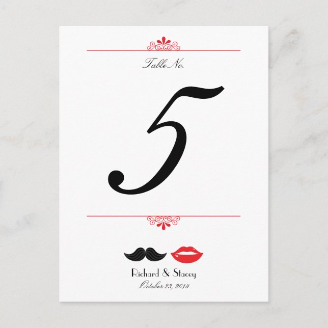 Red, Black & White Moustache & Lips Wedding Postcard (Front)