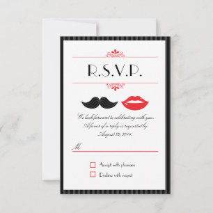 Red, Black & White Moustache & Lips Wedding RSVP