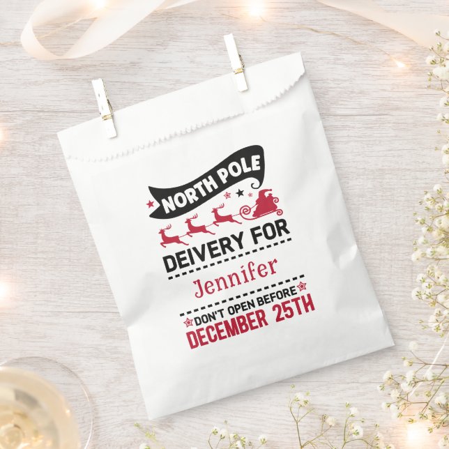 RED Black & White North Pole SANTA Delivery Name Favour Bag (Clipped)