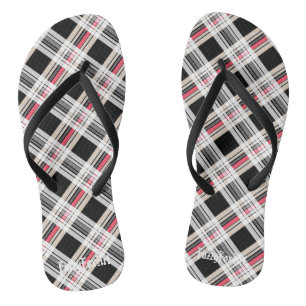 Red black white plaid flip flops