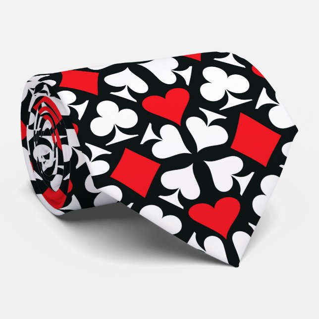 Red, Black & White Playing Card Symbols Pattern Tie (Rolled)