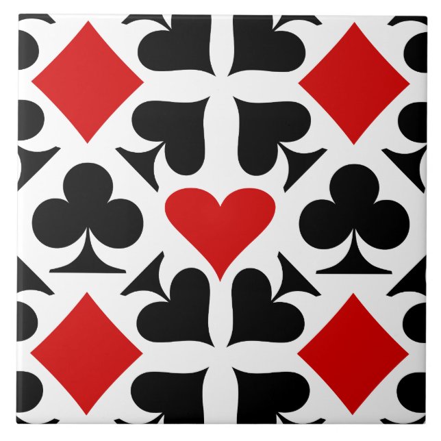 Red, Black & White Playing Card Symbols Pattern Tile (Front)