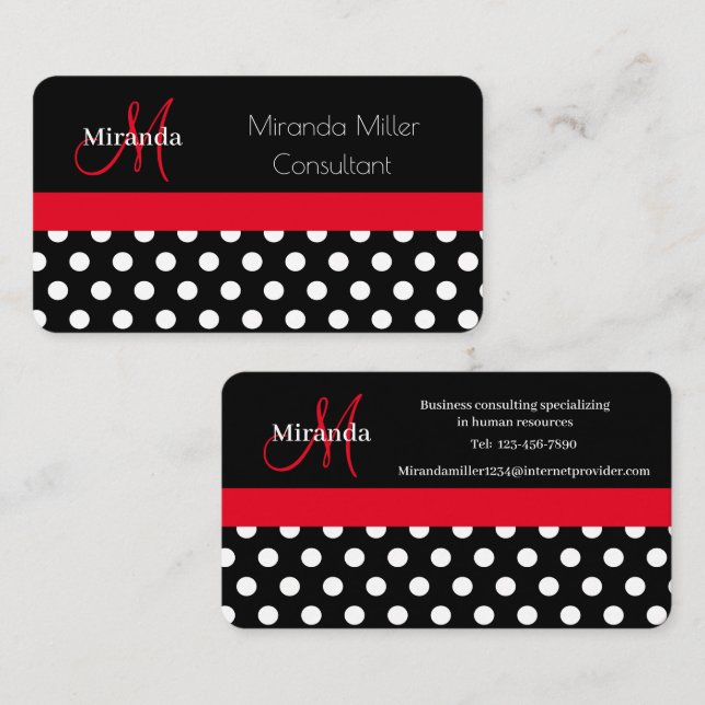 Red Black White Polka Dot Monogram Business Card (Front/Back)
