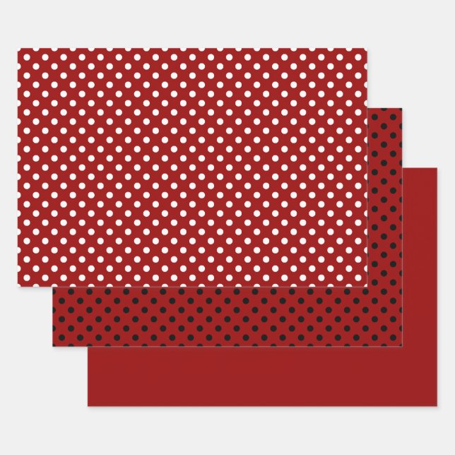 Red Black White Polka Dot Pattern Wrapping Paper Sheet (Set)