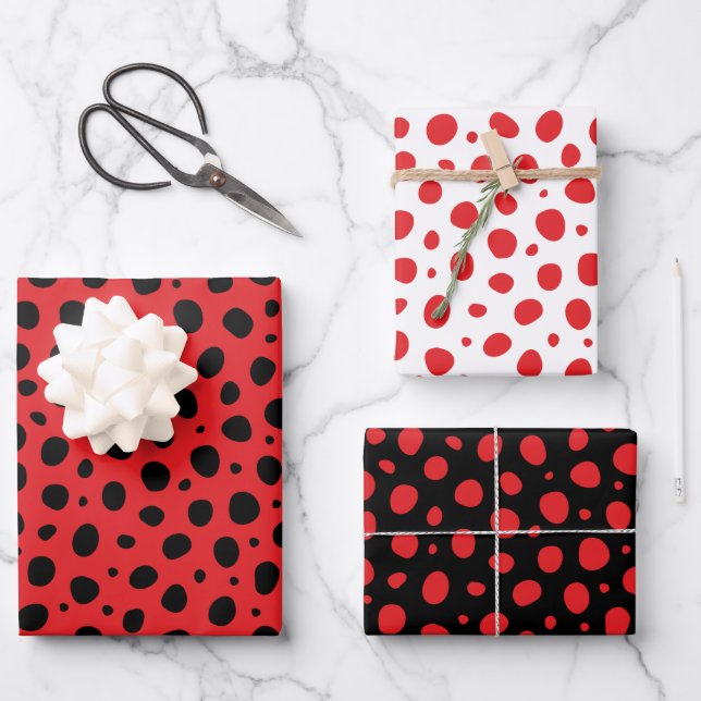 Red Black White Polka Dots Pattern Wrapping Paper Sheet (Front)