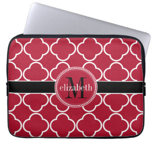 Red Black White Quatrefoil Clover Monogram Laptop Sleeve