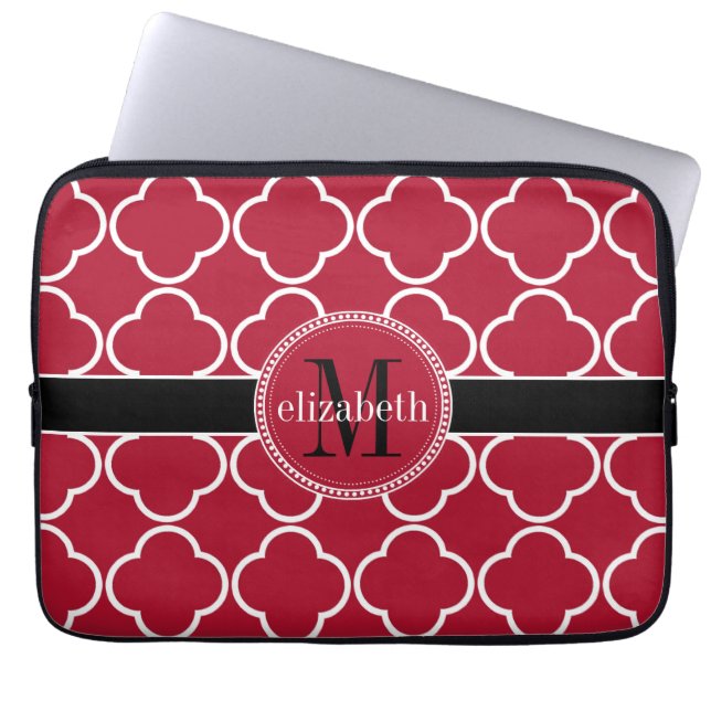 Red | Black | White Quatrefoil Clover Monogram Laptop Sleeve (Front)