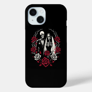 Red & Black White Roses Skeleton Couple Wedding  iPhone 15 Case