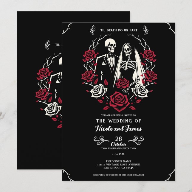 Red & Black White Roses Skeleton Couple Wedding  Invitation (Front/Back)