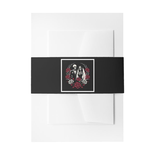 Red & Black White Roses Skeleton Couple Wedding  Invitation Belly Band (Front Example)