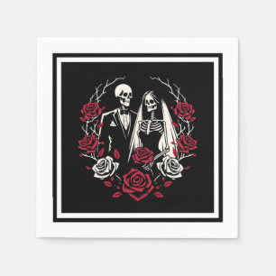 Red & Black White Roses Skeleton Couple Wedding Napkin
