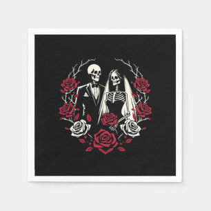 Red & Black White Roses Skeleton Couple Wedding Napkin