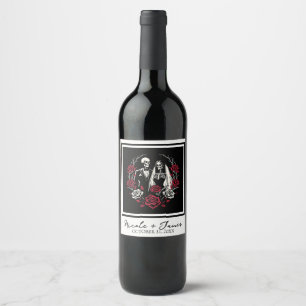 Red & Black White Roses Skeleton Couple Wedding  Wine Label