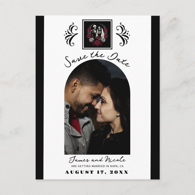 Red & Black White Roses Skeleton Save the Date Announcement Postcard (Front)