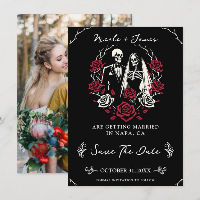 Red & Black White Roses Skeleton Save the Date Invitation (Front/Back)
