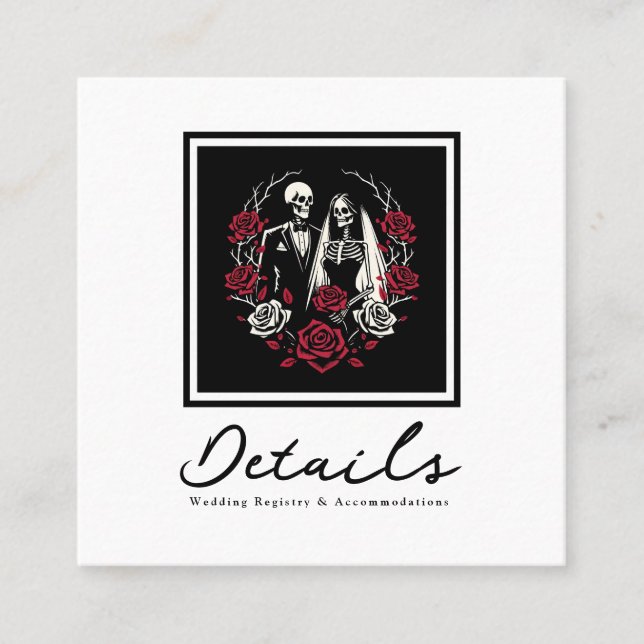 Red & Black White Roses Skeleton Wedding Details Square Business Card (Front)