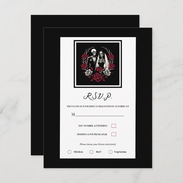 Red & Black White Roses Skeleton Wedding RSVP Invitation (Front/Back)