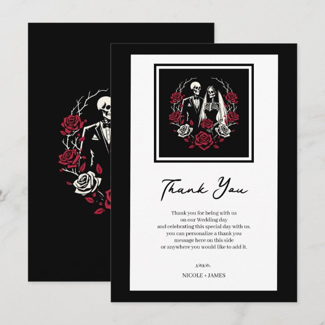 Red & Black White Roses Skeleton Wedding Thank You Invitation (Front/Back)