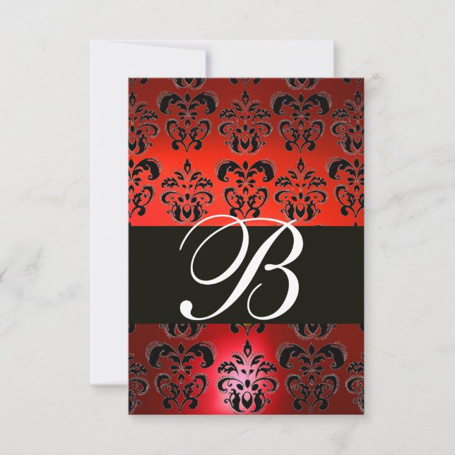 RED BLACK WHITE RUBY DAMASK MONOGRAM RSVP CARD (Front)